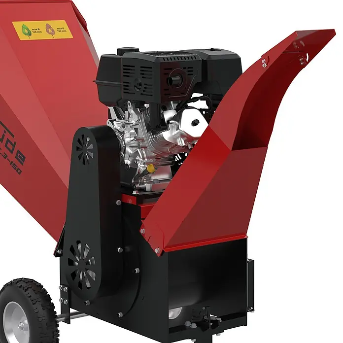 Güde Benzin-Häcksler GBH 16.3-150 - Max. Aststärke: 150 mm, Hubraum: 500 cm³ - Rot-schwarzer Holzhäcksler mit leistungsstarkem Motor, großem Einfülltrichter und robustem Rad für Gartenabfälle.