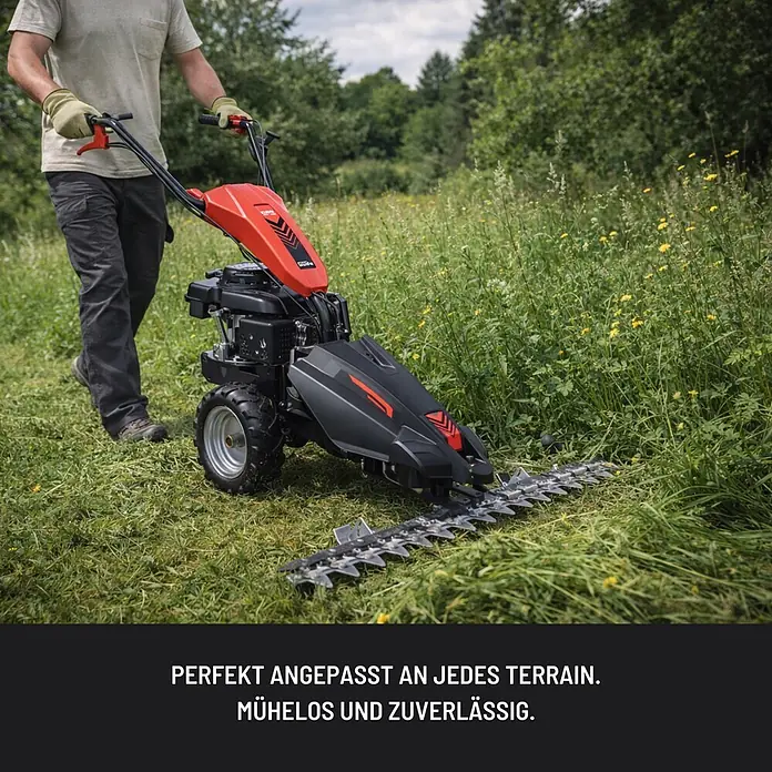 Güde Frontbalkenmäher GBM 870-200 -  - Rot-schwarzer Balkenmäher, bedient von einer Person, schneidet hohes Gras. Perfekt für jedes Terrain.