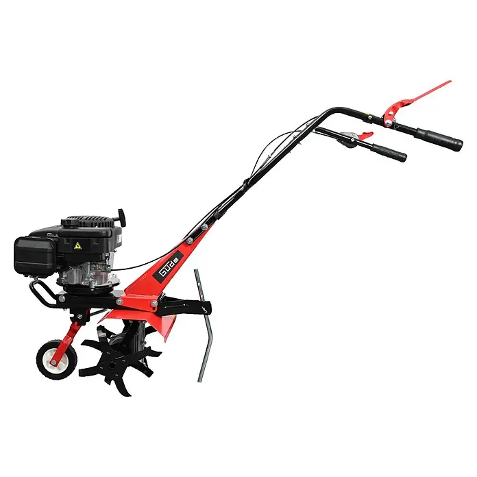 Güde Benzinmotorhacke GF 2436.1 - 2,4 kW - 3,2 kW, 139 cm³ - Rote und schwarze motorisierte Gartenfräse mit robusten Griffen, Motor, Rädern und scharfen Hackmessern zur Bodenbearbeitung.