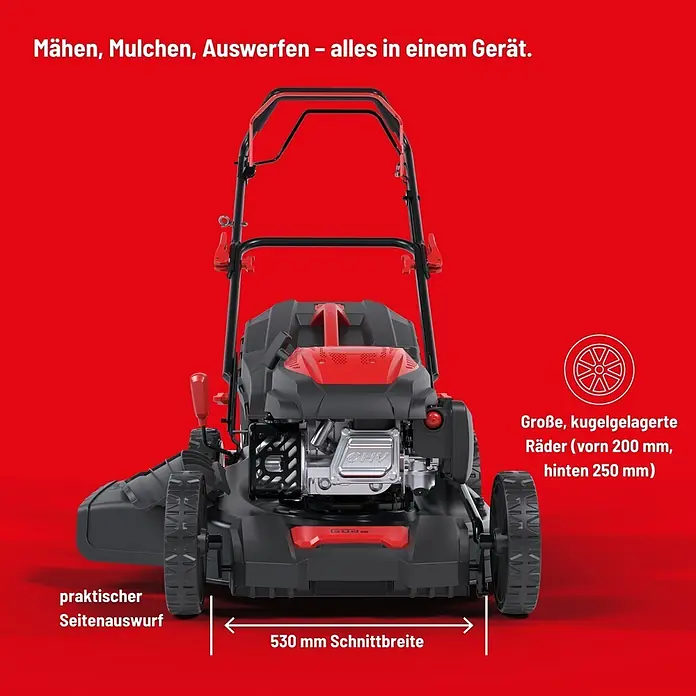 Güde Benzin-Rasenmäher Bigwheeler 530-190R - 3,6 kW - 4,8 kW, 190 cm³, Schnittbreite: 530 mm - Rot-schwarzer Multifunktions-Rasenmäher mit 530mm Schnittbreite, Seitenauswurf und großen kugelgelagerten Rädern (200/250mm).