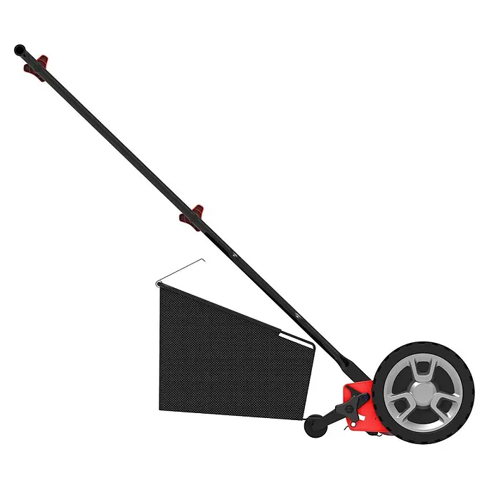 Güde Spindelmäher GSPM 380 - Schnittbreite: 380 mm - Golfball-Retriever mit langer schwarzer Stange, roten Akzenten, schwarzem Netz und großem grauen Rad.