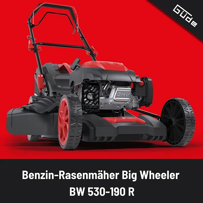 Güde Benzin-Rasenmäher Bigwheeler 530-190R - 3,6 kW - 4,8 kW, 190 cm³, Schnittbreite: 530 mm - Rot-schwarzer Benzin-Rasenmäher, Güde Big Wheeler BW 530-190 R, mit großen Rädern und sichtbarem Motor.