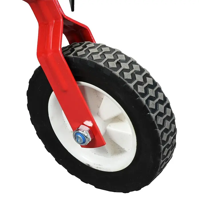 Güde Benzinmotorhacke GF 2436.1 - 2,4 kW - 3,2 kW, 139 cm³ - Rotes Rad mit schwarzem Profilreifen und weißer Nabe, mit einer Schraube an rotem Rahmen befestigt.