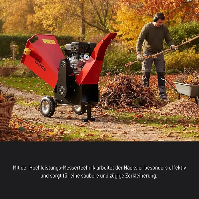 Güde Benzin-Häcksler GBH 16.3-150 - Max. Aststärke: 150 mm, Hubraum: 500 cm³ - Roter Güde Häcksler in einem Herbstgarten, von einem Mann bedient, der Äste zu Holzspänen zerkleinert.