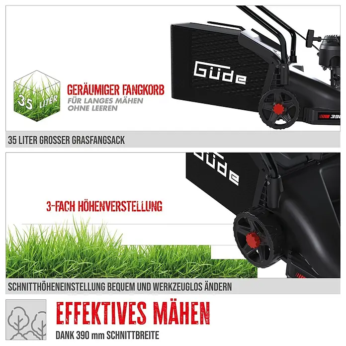 Güde Benzin-Rasenmäher Eco Wheeler 390 1,6 - 1,6 kW - 2 kW, 79,7 cm³, Schnittbreite: 390 mm - Schwarzer Güde Rasenmäher mit 35L Grasfangkorb, 3-facher werkzeugloser Höhenverstellung und 390mm Schnittbreite.