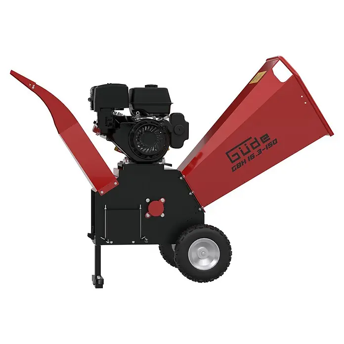 Güde Benzin-Häcksler GBH 16.3-150 - Max. Aststärke: 150 mm, Hubraum: 500 cm³ - Roter und schwarzer Holzhäcksler mit Benzinmotor, großem Einfülltrichter, Auswurfschacht und Rädern.