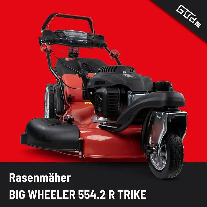 Güde Benzin-Rasenmäher BW 554.2 R Trike - 196 cm³, Schnittbreite: 550 mm - Roter und schwarzer Rasenmäher mit silbernen Rädern und Trike-Design zum effizienten Grasschneiden.