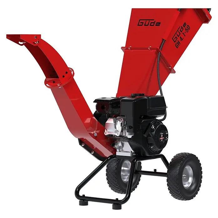 Güde Benzin-Häcksler GH 4.1-50 - Max. Aststärke: 50 mm, Hubraum: 212 cm³ - Roter und schwarzer mobiler Holzhäcksler/Schredder mit großem Trichter, Motor und Rädern.