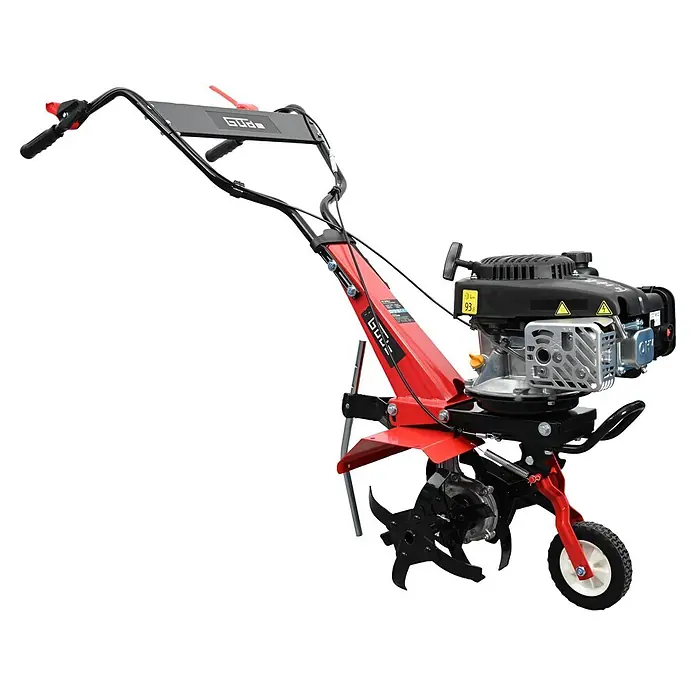 Güde Benzinmotorhacke GF 2436.1 - 2,4 kW - 3,2 kW, 139 cm³ - Rote und schwarze Motorhacke mit Motor, Griffen, scharfen Fräszinken und einem kleinen Rad zur Bodenbearbeitung.