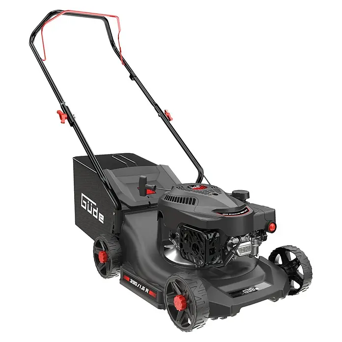 Güde Benzin-Rasenmäher Eco Wheeler 390 1,6 - 1,6 kW - 2 kW, 79,7 cm³, Schnittbreite: 390 mm - Benzinrasenmäher in Schwarz mit roten Akzenten, mit Fangkorb und großen Rädern.