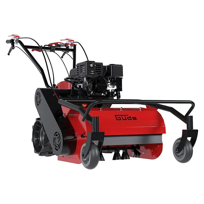Güde Benzin-Schlegelmulcher GSM 500 - 5,3 kW - 7,2 kW, 224 cm³, Schnittbreite: 500 mm - Roter und schwarzer Benzin-Rasenlüfter/-vertikutierer mit Motor, ergonomischen Griffen und Transporträdern.