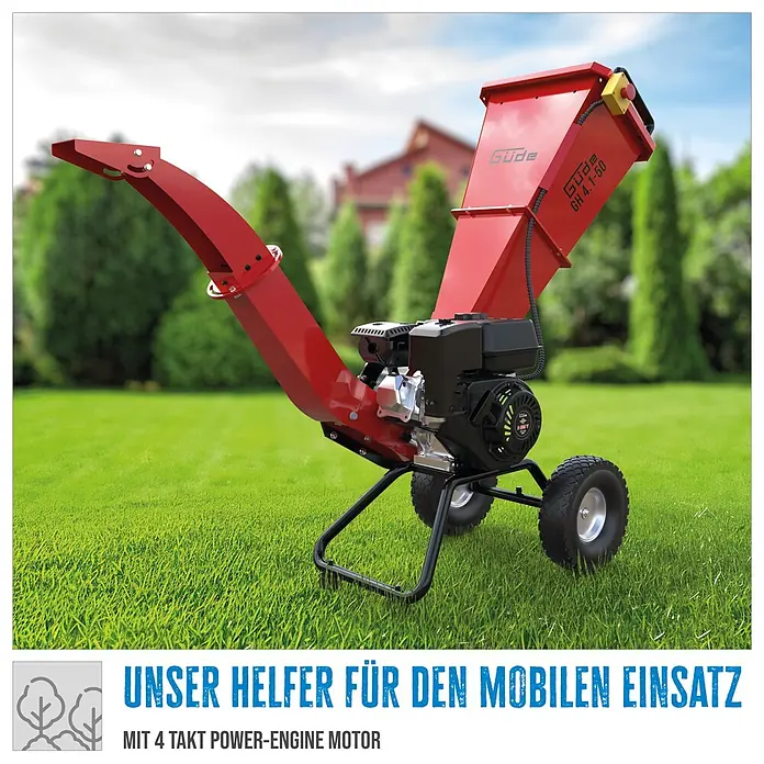 Güde Benzin-Häcksler GH 4.1-50 - Max. Aststärke: 50 mm, Hubraum: 212 cm³ - Roter mobiler Holzschredder/-häcksler mit 4-Takt-Motor, für Gartenabfälle.