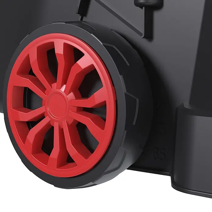 Güde Elektro-Rasenmäher 320/1300 - 1,3 kW, Schnittbreite: 320 mm - Schwarzes Rad mit roter Mehrspeichennabe, an einem schwarzen Gerät mit numerischen Einstellungen '25', '45', '65'.
