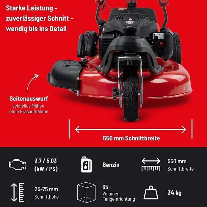 Güde Benzin-Rasenmäher BW 554.2 R Trike - 196 cm³, Schnittbreite: 550 mm - Roter Benzin-Rasenmäher mit schwarzen Rädern, zeigt Seitenauswurf und 550 mm Schnittbreite.