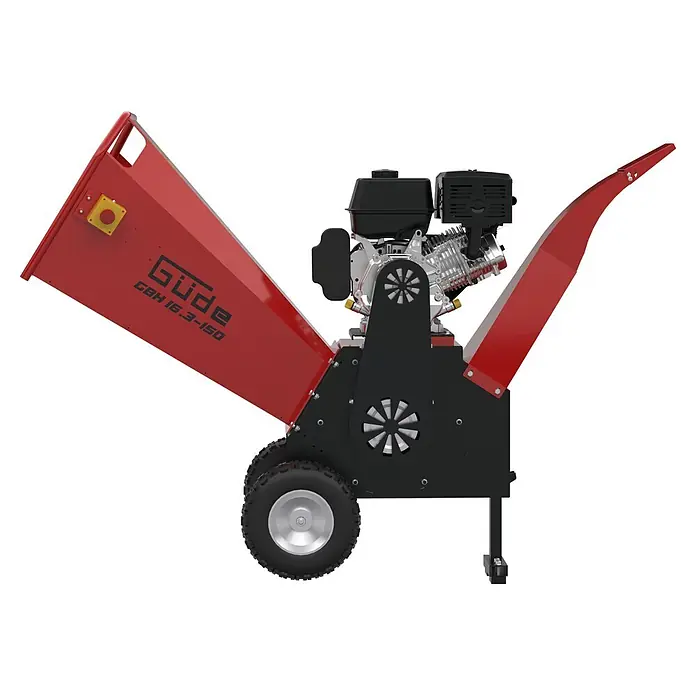 Güde Benzin-Häcksler GBH 16.3-150 - Max. Aststärke: 150 mm, Hubraum: 500 cm³ - Roter und schwarzer mobiler Holzschredder mit Benzinmotor, großem Einfülltrichter und stabilen Rädern.