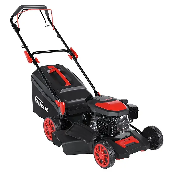 Güde Benzin-Rasenmäher Eco Wheeler 462.2R - 2,5 W - 3,4 W, 144 cm³, Schnittbreite: 460 mm - Rot-schwarzer Benzinrasenmäher mit Gewebe-Grasfangsack und großen Rädern.