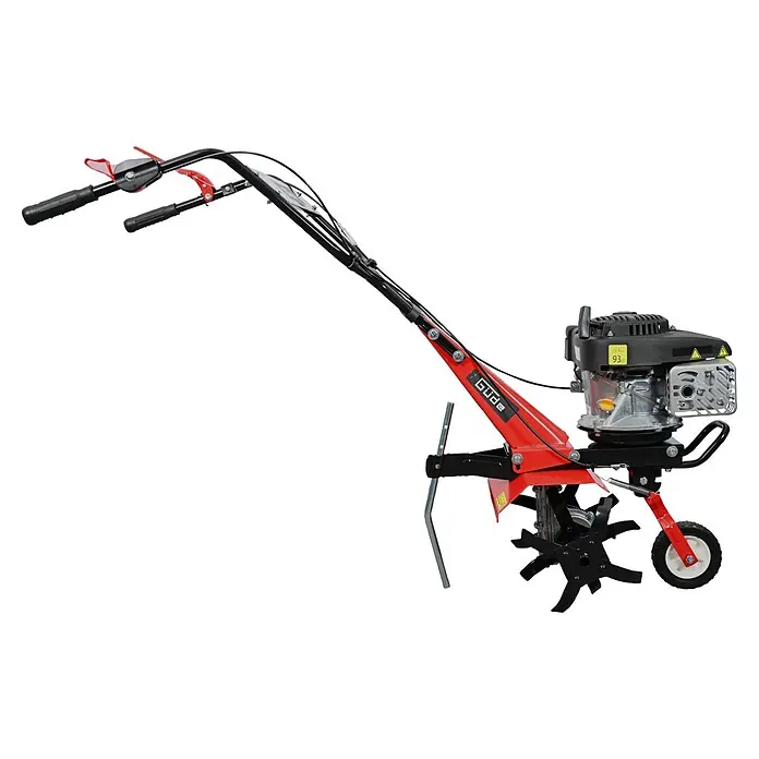 Güde Benzinmotorhacke GF 2436.1 - 2,4 kW - 3,2 kW, 139 cm³ - Rote und schwarze Güde Gartenfräse mit Motor, Griffen und Bodenbearbeitungsmessern.