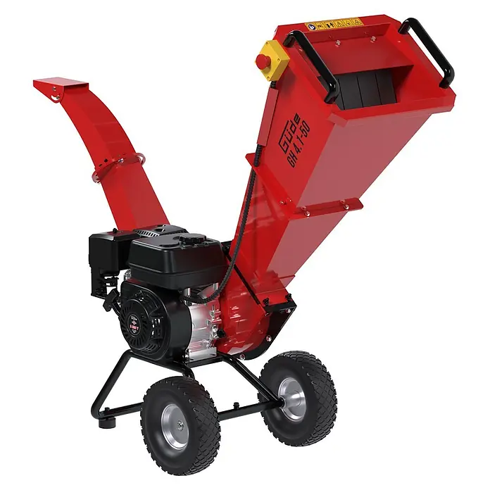 Güde Benzin-Häcksler GH 4.1-50 - Max. Aststärke: 50 mm, Hubraum: 212 cm³ - Roter Gartenhäcksler mit Motor, Einfüllschacht und Rädern zum Zerkleinern von Gartenabfällen.