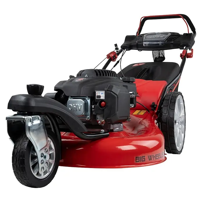 Güde Benzin-Rasenmäher BW 554.2 R Trike - 196 cm³, Schnittbreite: 550 mm - Roter Benzinrasenmäher mit schwarzem Motor und auffälligen Silberrädern.