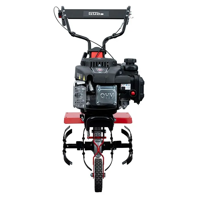 Güde Benzinmotorhacke GF 2436.1 - 2,4 kW - 3,2 kW, 139 cm³ - Frontansicht einer schwarz-roten Gartenfräse mit Motor, Griffen und Bodenfräsmessern.