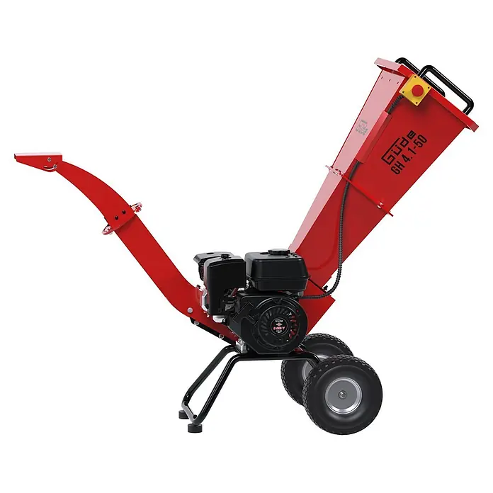 Güde Benzin-Häcksler GH 4.1-50 - Max. Aststärke: 50 mm, Hubraum: 212 cm³ - Roter und schwarzer Güde GH 4.1-50 Holzhäcksler mit Motor und Rädern.