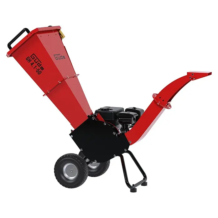 Güde Benzin-Häcksler GH 4.1-50 - Max. Aststärke: 50 mm, Hubraum: 212 cm³ - Roter und schwarzer Gartenhäcksler/Holzschredder mit großen Rädern und Motor, bereit zur Verarbeitung von Gartenabfällen.