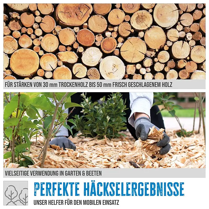 Güde Benzin-Häcksler GH 4.1-50 - Max. Aststärke: 50 mm, Hubraum: 212 cm³ - Haufen von geschnittenen Holzscheiten und eine Hand, die Holzspäne als Mulch im Garten verteilt.