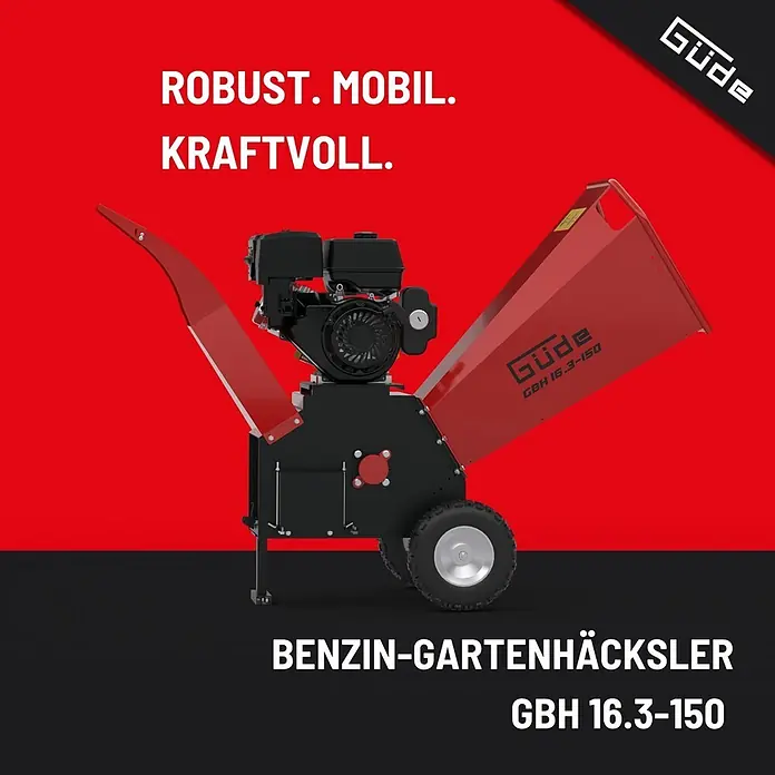 Güde Benzin-Häcksler GBH 16.3-150 - Max. Aststärke: 150 mm, Hubraum: 500 cm³ - Rot-schwarzer Güde Benzin-Gartenhäcksler GBH 16.3-150 auf Rädern.