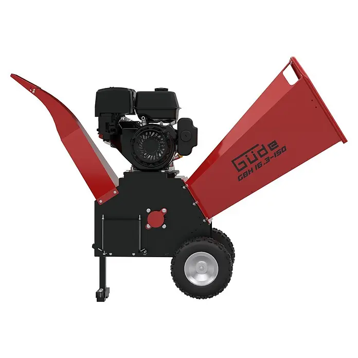 Güde Benzin-Häcksler GBH 16.3-150 - Max. Aststärke: 150 mm, Hubraum: 500 cm³ - Rot-schwarzer Holzhäcksler mit leistungsstarkem Motor und Rädern für Mobilität.