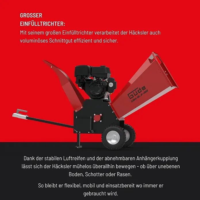 Güde Benzin-Häcksler GBH 16.3-150 - Max. Aststärke: 150 mm, Hubraum: 500 cm³ - Roter und schwarzer Holzhäcksler mit großem Einfülltrichter, Luftreifen und Anhängerkupplung für mobilen Einsatz.