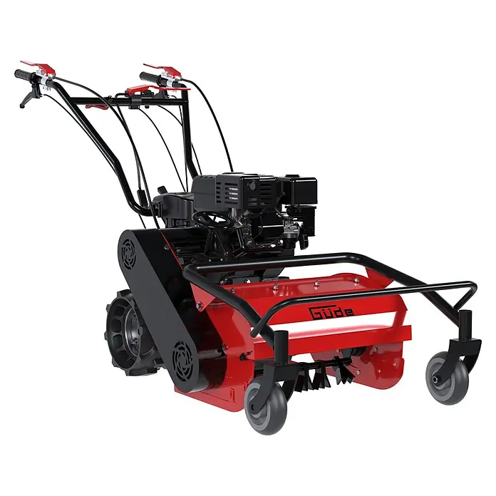 Güde Benzin-Schlegelmulcher GSM 500 - 5,3 kW - 7,2 kW, 224 cm³, Schnittbreite: 500 mm - Rot-schwarzer motorisierter Garten-Vertikutierer mit Vorderrädern, Motor und ergonomischen Griffen zur Rasenpflege.