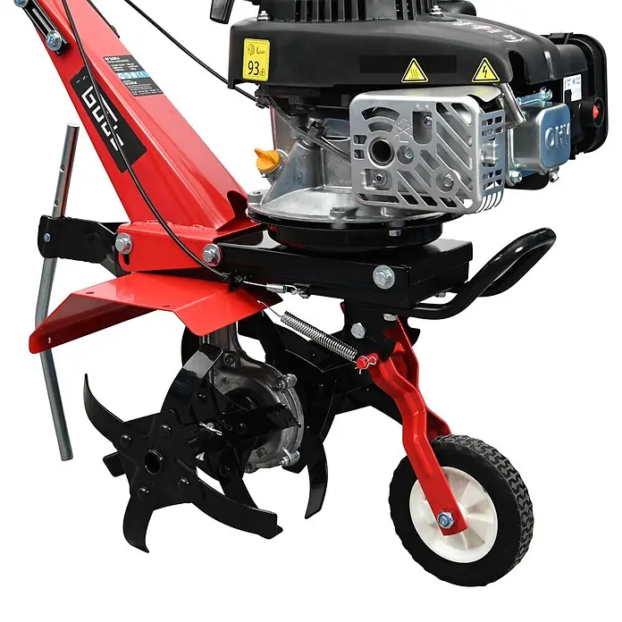 Güde Benzinmotorhacke GF 2436.1 - 2,4 kW - 3,2 kW, 139 cm³ - Rote und schwarze Benzin-Gartenfräse mit Motor, Fräsmessern und kleinem Rad.