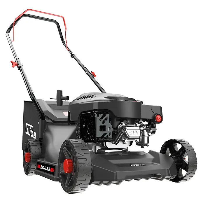 Güde Benzin-Rasenmäher Eco Wheeler 390 1,6 - 1,6 kW - 2 kW, 79,7 cm³, Schnittbreite: 390 mm - Grau-schwarzer Benzin-Rasenmäher (OHV) mit rotem Griff und Radakzenten.