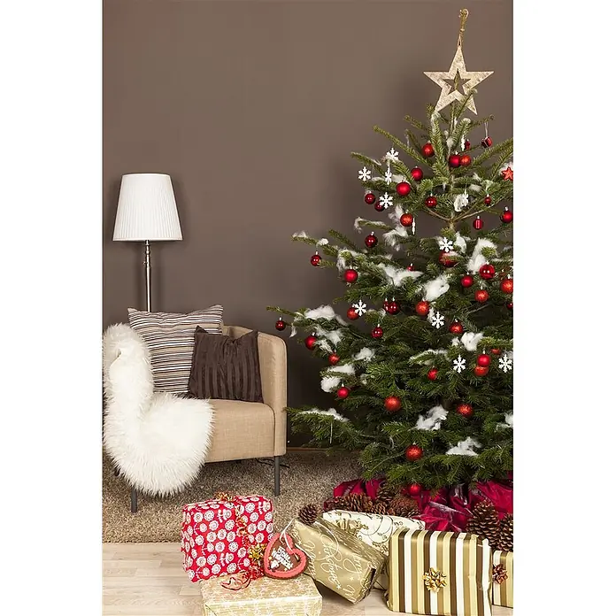 Pflanzen für dich Lebensbaum 60-80 cm - Abies nordmanniana, Aktuelle Wuchshöhe: 60 cm - 80 cm - Ein geschmückter Weihnachtsbaum mit roten Kugeln und weißen Schneeflocken, umgeben von verschiedenen verpackten Geschenken, in einem gemütlichen Raum.