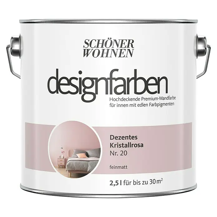 SCHÖNER WOHNEN-Farbe Wandfarbe Designfarbe - Dezentes Kristallrosa, Matt, 2,5 l, Konservierungsmittelfrei - Dose Schöner Wohnen Designfarben, hochdeckende Premium-Wandfarbe in der Farbe Dezentes Kristallrosa Nr. 20, feinmatt, für Innenräume.