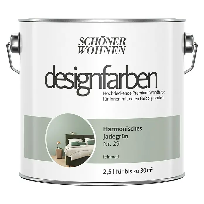 SCHÖNER WOHNEN-Farbe Wandfarbe Designfarbe - Harmonisches Jadegrün, Matt, 2,5 l, Konservierungsmittelfrei - Dose Schönner Wohnen Designfarben Jadegrün Nr. 29, eine matte Premium-Wandfarbe für Innenräume mit edlen Farbpigmenten.