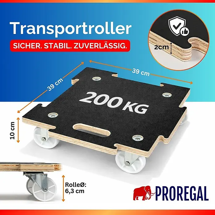 Proregal Transportroller HERCULES 2 Stück Siebdruckplatte modular - Traglast: 200 kg, Holz - Quadratischer Transportroller mit schwarzer Antirutschfläche, Holzbasis und weißen Rollen. 200 kg Tragkraft.