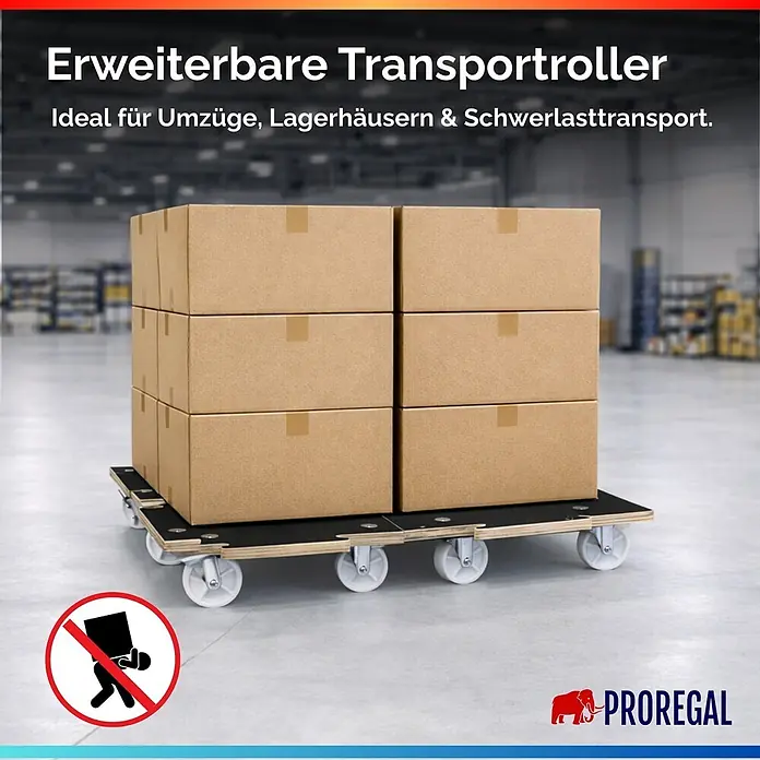 Proregal Transportroller HERCULES 2 Stück Siebdruckplatte modular - Traglast: 200 kg, Holz - Erweiterbarer Transportroller mit schwarzer Oberfläche und weißen Rollen, beladen mit Kartons im Lager.