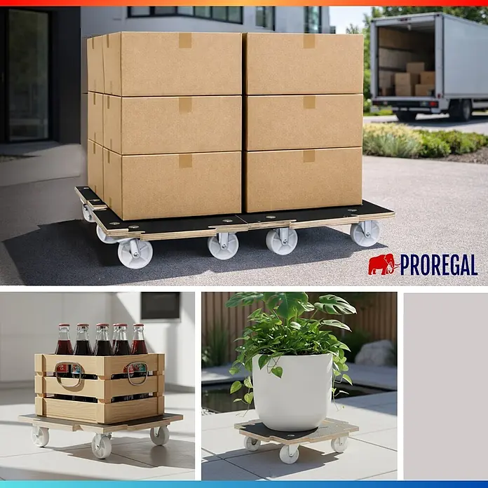 Proregal Transportroller HERCULES 2 Stück Siebdruckplatte modular - Traglast: 200 kg, Holz - Hölzernes Rollbrett mit weißen Rollen, das Kartons, eine Getränkekiste und einen Pflanztopf transportiert, um seine Vielseitigkeit zu zeigen.