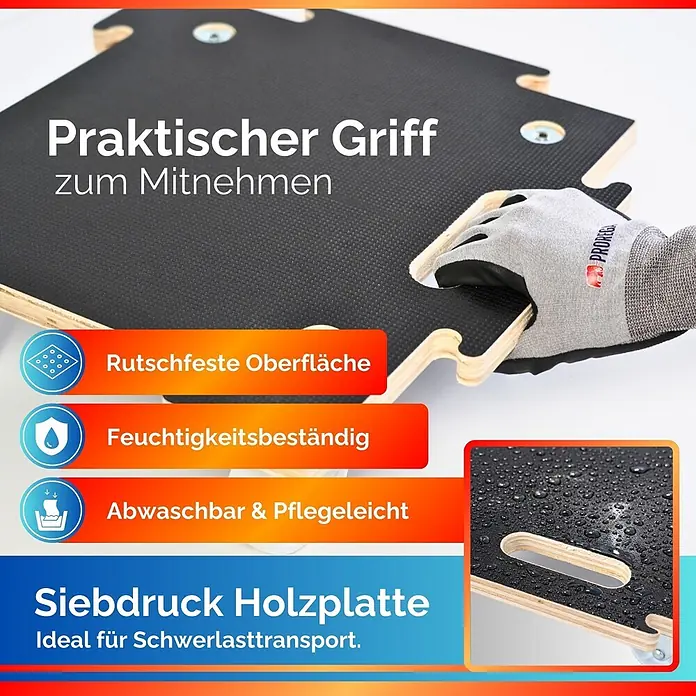 Proregal Transportroller HERCULES 2 Stück Siebdruckplatte modular - Traglast: 200 kg, Holz - Robuste, schwarz beschichtete Holztransportplatte mit Griffen, rutschfester und feuchtigkeitsbeständiger Oberfläche.