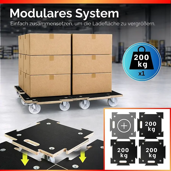 Proregal Transportroller HERCULES 2 Stück Siebdruckplatte modular - Traglast: 200 kg, Holz - Modulare schwarze Transportroller verbunden, tragen gestapelte Kartons. Jede Einheit trägt 200kg.