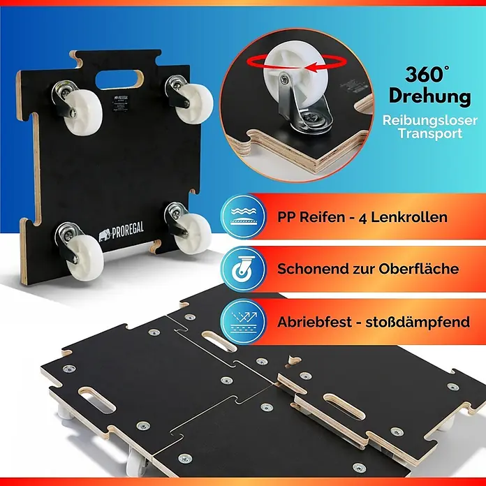 Proregal Transportroller HERCULES 2 Stück Siebdruckplatte modular - Traglast: 200 kg, Holz - Schwarzer modularer Sperrholz-Transportroller mit vier weißen 360°-Lenkrollen für reibungslosen, oberflächenschonenden und stoßdämpfenden Transport.