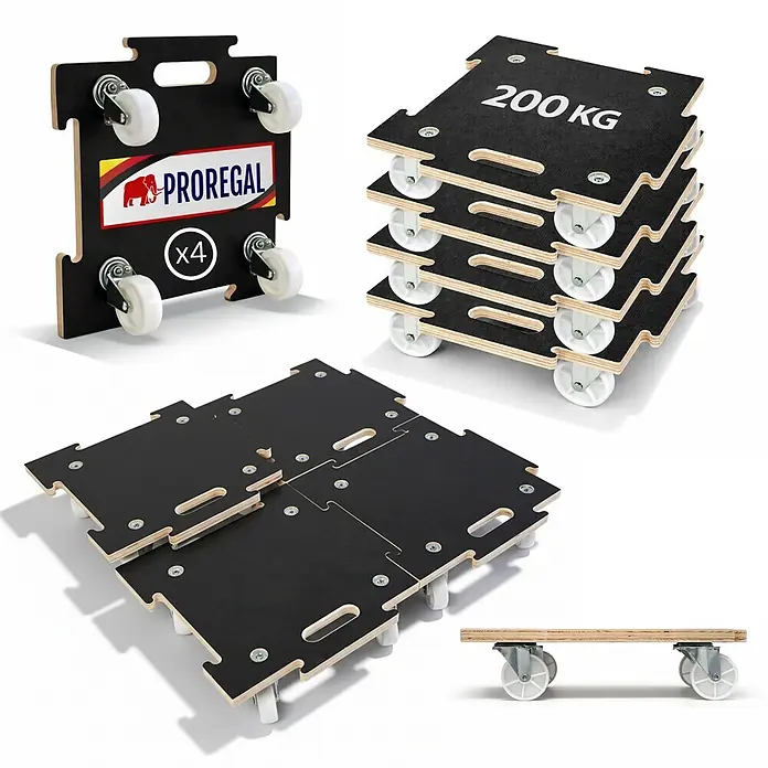 Proregal Transportroller HERCULES 4 Stück Siebdruckplatte modular - Traglast: 200 kg, Holz - Set schwarzer Holz-Möbelroller mit weißen Lenkrollen, 200 kg Tragkraft, stapelbar und verbindbar.