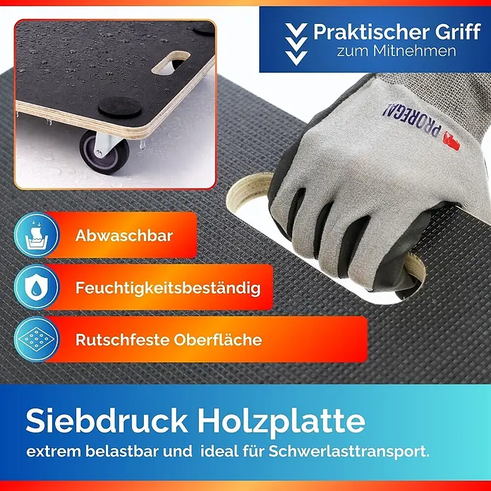 Proregal Transportroller HERCULES 2 Stück Siebdruckplatte - Traglast: 150 kg, Holz - Siebdruck Holzplatte auf Rollen mit praktischem Griff, abwaschbar, feuchtigkeitsbeständig und rutschfester Oberfläche für Schwerlasttransport.