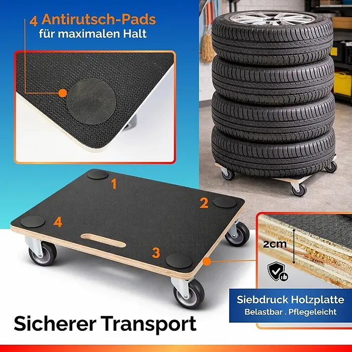 Proregal Transportroller HERCULES 2 Stück Siebdruckplatte - Traglast: 150 kg, Holz - Robuster Transportroller aus Holz mit 4 Rollen und Antirutsch-Pads, hier zum Verschieben von Reifen.