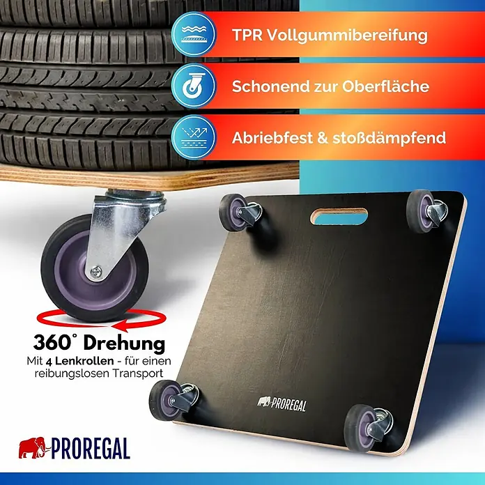 Proregal Transportroller HERCULES 2 Stück Siebdruckplatte - Traglast: 150 kg, Holz - Schwarze Holz-Transportplatte mit vier lila TPR-Vollgummi-Lenkrollen, für sanften und reibungslosen Transport schwerer Lasten.