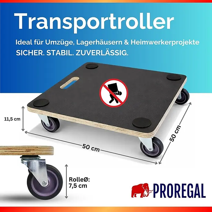 Proregal Transportroller HERCULES 2 Stück Siebdruckplatte - Traglast: 150 kg, Holz - Quadratischer Transportroller (50x50 cm) mit 7,5 cm Rollen, Gesamt-H. 11,5 cm, für Umzüge & Lager.