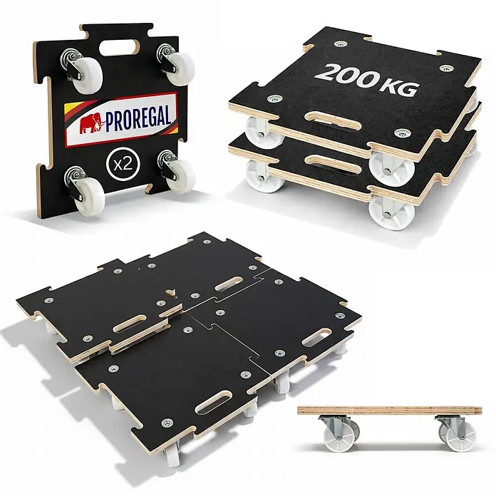 Proregal Transportroller HERCULES 2 Stück Siebdruckplatte modular - Traglast: 200 kg, Holz - Schwarzer Holz-Transportroller mit weißen Rollen, modular verbindbar, 200 kg Tragkraft.