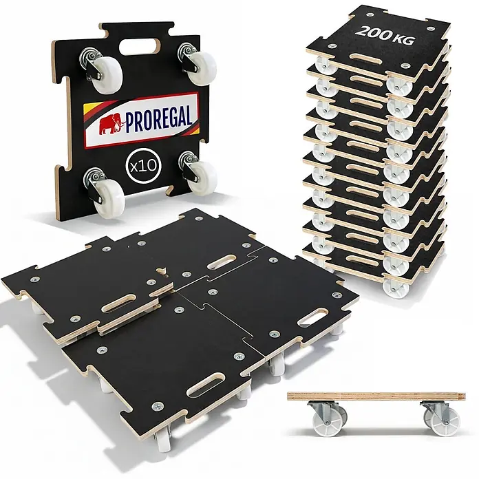 Proregal Transportroller HERCULES 10 Stück Siebdruckplatte modular - Traglast: 200 kg, Holz - Schwarze Holz-Möbelroller mit weißen Rollen, teils gestapelt, teils verbunden, zeigen "200 KG" und "x10" Kennzeichnungen.