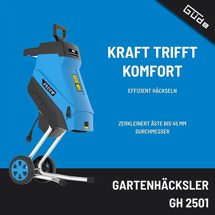 Güde Elektro-Messerhäcksler GH 2501 - Max. Aststärke: 4,5 cm - Blau-schwarzer Güde GH 2501 Elektro-Gartenhäcksler auf blauem und dunkelgrauem Hintergrund.